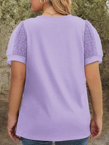 VISLILY Women's Plus-Size-Summer-Tops V Neck T Shirts Swiss Dotted Puffy Sheer Short Sleeve Blouses Tunics in Kuwait