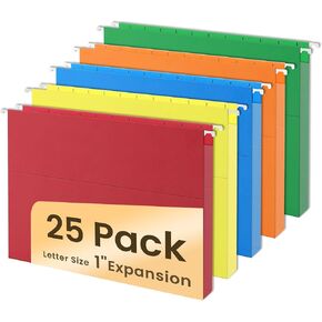 SUNEE Hanging File Folders Extra Capacity Assorted Colors, 25 Pack Letter Size File Folders with 1/5-cut Tabs, Heavy Duty 2 Inch Expansion, Stay Organized for Your Home and Office Bulk File