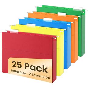 SUNEE Hanging File Folders Extra Capacity Assorted Colors, 25 Pack Letter Size File Folders with 1/5-cut Tabs, Heavy Duty 2 Inch Expansion, Stay Organized for Your Home and Office Bulk File