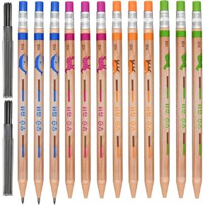 Maydahui 12 PCS Cartoon Animal Mechanical Pencil with Sharpener Dolphin Tiger Deer Leopard Automatic Pencil with 10 PCS HB Lead Refills 2.0 mm Plastic Simulation Timber for School Writing Drawing