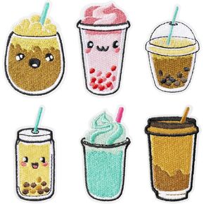 6Pcs Bubble Tea Iron On Patches Cute Kawaii Cartoon Pearl Milk Tea Coffee Sew on Repair Embroidered Applique Yummy Ice Cream Beverage Drinks DIY Craft Accessories Gift for Clothing Backpack Hat