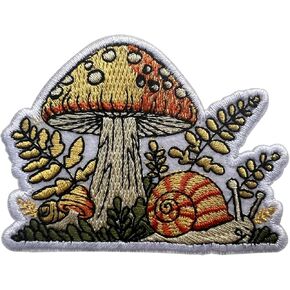Mushroom and Snail Patches, Size 3" Iron Patch or Sew On Patches for Backpacks Jean Hat Clothes, Forest Mushroom Applique Patches, Embroidered DIY Iron On Patches, Vintage Gift for Boys Girls