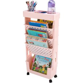 CINPIUK Pink Rolling Office Paper Organizer, Mobile Book Cart Document Folder File Storage with Pen Holder, Slim Rolling Storage Cart Movable Bookshelf for Office, Dorm, Classroom, Nursery