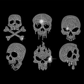 SUPERDANT Small Skull Icon Iron on Rhinestones Transfer Skull T-Shirt Crystal Heat Transfer Designs Halloween Crystal Stickers Rhinestone Bling Decals for Clothing Tote Bag DIY Art Craft Gifts 6pcs