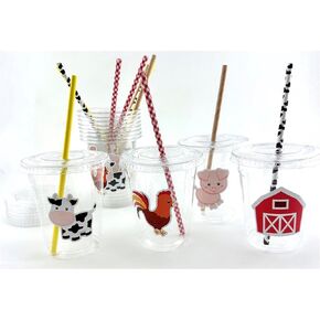Farm Party Cups, Barnyard Birthday Supplies, Plastic Disposable Cups with Lids and Paper Straws, Set of 12