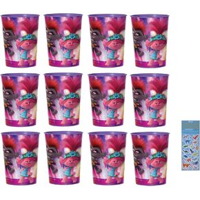 Amscan Trolls Birthday Party Supplies Bundle includes 12 Plastic Reusable Cups 16oz and 1 Dinosaur Sticker Sheet