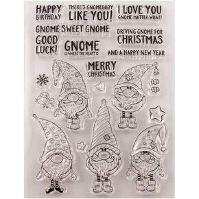 Arbuya Merry Christmas Happy New Year Gnome Clear Stamps for Christmas Cards Making or Journaling, Christmas Gnomes Sentiment Rubber Stamps for Journals Scrapbooking Albums and Other Paper Crafts