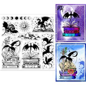 GLOBLELAND Magic Dragon and Book Clear Stamps for Cards Making Dinosaur Clear Stamp Seals Transparent Stamps for DIY Scrapbooking Photo Album Journal Home Decoration