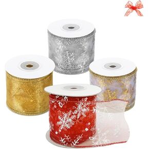 4 Rolls 40 Yards Christmas Ribbon Wired, 2.5 Inch Sheer Organza Glitter Ribbon for Gift Wrapping, Xmas Tree, Wreath, Party Decoration