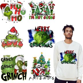 Christmas Decorations Iron on Transfers Patches Vinyl for T-Shirts Christmas Cartoon Grinch Iron on Transfer Stickers Green Iron on Patches Decal for T-Shirt Clothes DIY Decor 6 Sheet