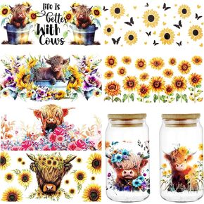 8 Sheets Rub on Transfers for DIY Crafts UV DTF Cup Wrap for 16 oz Cups Waterproof Butterfly Sunflower Highland Cow Stickers Car Furniture Decor (Highland Cow)
