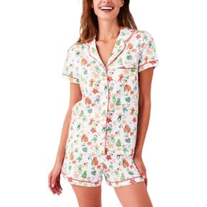Y2k Pajamas Shorts Set for Women 2 Piece Cute Animals Floral Matching Pj Sets Short Sleeve Lounge Shirts Shorts Set