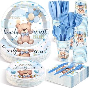 Dandat 350 Pcs Baby Shower Plates Set Baby Shower Party Supplies Serves 50 Tableware Sets Include Plates Napkin Cup Forks Knives Spoons Disposable Dinnerware for Boy Girl(Blue,Bear)