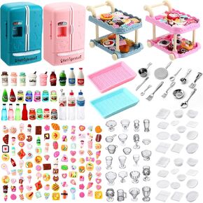 220 Pcs Dollhouse Refrigerator Mini Fridge Toy with Mini Dining Car Miniature Food Drinks Dollhouse Kitchen Furniture Food Toys Dollhouse Miniatures Kitchen Bottles Desserts Decorations for Kids