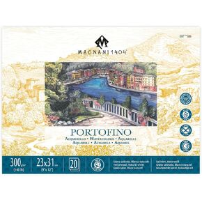 Magnani 1404 Portofino Hot Press 100% قطن كتلة ورق ألوان مائية، 20 ورقة، 9 × 12 بوصة، 140 رطل، خالية من الأحماض، مقاومة للأشعة فوق البنفسجية، ورق ملون مائي بحجم نباتي للفنانين، صنع في إيطاليا