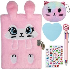 Cat Diary with Lock and Keys, Gift for 6 7 8 9 Year Old Girl, Kids Journal Notebook Set with Multicolored Pen, Coin Purse, Post-it Note, Stickers, Cute Plush Secret Diary for Kids (A Smile Cat)