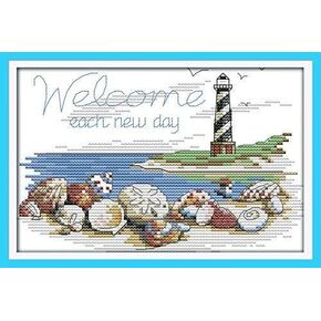Happy Forever Cross Stitch Kits 11CT Stamped Patterns for Kids and Adults, Preprinted Embroidery kit for Beginner, Lighthouse and Tower Scenery (F782 Lighthouse 4, Size 13''x17'')