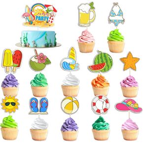 25PCS Summer Beach Theme Cupcake Toppers, Pool Party Decorations Hawaiian Cake Picks With Watermelon Ice Cream Ball Beer Cake Decorations For Baby Shower Birthday Party Decorations Supplies