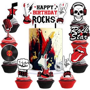 25PCS Born To Rock N And Roll Rocks Happy Birthday Cake Topper Cupcake Toppers Party Themed Table Decorations Favors Supplies Decor Music Notes 50s 60s for Kids Adults Boys Girls Teen Rewards Carnival