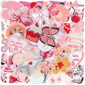 40 Pcs Coquette Iron on Patches Pink Ballet Butterfly Embroidered Lip Cherry Rose DIY Craft Gifts Sew on Applique Patches Vintage Patch for Jackets Backpacks Clothing Hats