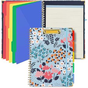 Spiral Clipboard Folio with Refillable Lined Notepad, 5 Extra Folders, 10 Pockets, File Label, Elastic Closure, Pen Loop (GentleBlue, A4)