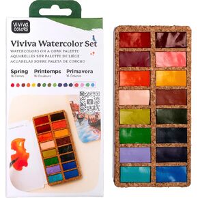 Viviva VV276051 Watercolour Paint Set, 16 Lightfast and Vivid Colours in Bowls on Cork Palette for Outdoor and Travel, Handmade - 16 Spring Colours