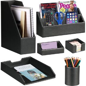 Ayunga PU Leather 6-piece Office Supplies Combination Set,Pencil Cup,Business Card Holder,Sticky Note Dispenser,Mail Sorter,Letter Tray,Files Holder,Suitable for Self-use and Friend Gifts (Brown)