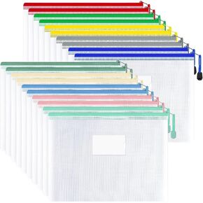 20 Pcs Mesh Zipper Pouch Bags, Clear Zipper Bags with Label Pocket, A4 Size, Board Game Storage, Puzzle Storage, Reusable Waterproof Zipper bags for Office Home School Organization (20)