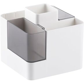 LETURE Desk Pencil Pen Holder with Sticky Notes Holder and 4 Compartments, Desktop Storage Stationery Supplies, Makeup Brush Holder (White)