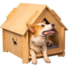 Binbo Bamboo Dog House Indoor for Small Dog, Sturdy Cat Bed House Indoor with Air Vents for Small to Large Sized Cats, Pet Shelter with pad, Easy to Assemble and Remove, No Tools Required