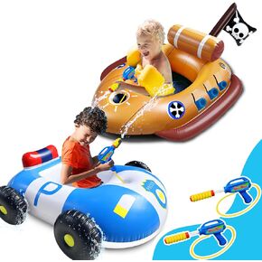2 Pack Pool Floats Kids with Water Guns, Inflatable Pirate Ship & Police Car Pool Floaties Toys for 3-11 Years Kids Toddler Boys Girls Summer Outdoor Swimming Pool Party Games