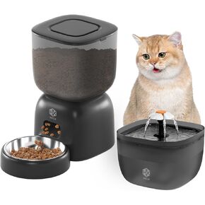Automatic Cat Feeder and Water Dispenser Set with Pet Food Bowl Timer, Dual Power Supply, Programmable Portion Size, Auto Pet Feeder for Cats and Small Dogs, Voice Recorder, Black