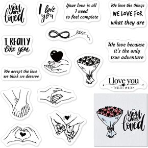 Hying Valentine's Day Love Flowers Clear Stamps for Card Making Photo Album Decorations, Lovers Hands Hearts Rubber Stamps Sweet Words Stamps Seal for DIY Scrapbooking Supplies