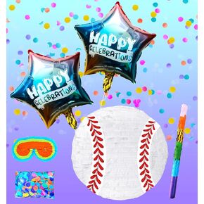 Baseball Pinatas for Sports Theme Parties, Perfect Birthday Decorations, Centerpiece, and Party Props with Buster Stick, Blindfold, Confetti, and 2 Balloons