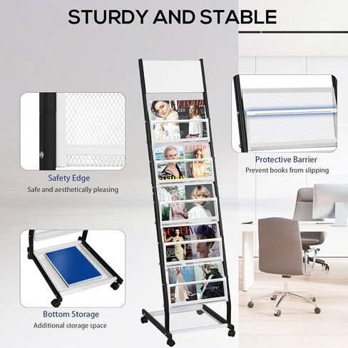 Brochure Display Rack Magazine Rack Floor Standing Catalog Holders Literature Rack with Wheels, 4 Pockets Pamphlets Display Stand for Office Trade Show Exhibitions in Saudi Arabia