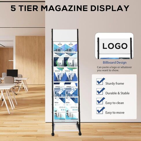 Brochure Display Rack Magazine Rack Floor Standing Catalog Holders Literature Rack with Wheels, 4 Pockets Pamphlets Display Stand for Office Trade Show Exhibitions in Saudi Arabia