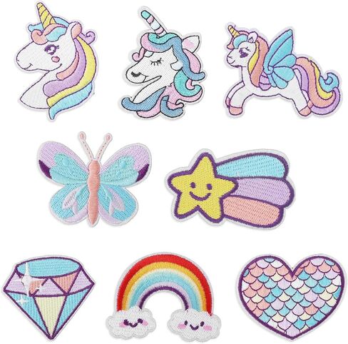 8pcs Dreamy Unicorn Iron On Patches for Girls, 8 Styles Embroidered Iron On Patches DIY Sew Applique Repair Cute Rainbow Heart Butterfly Diamond Patches for Kid Cloth Backpack Hat Jean Dress in Saudi Arabia