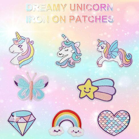 8pcs Dreamy Unicorn Iron On Patches for Girls, 8 Styles Embroidered Iron On Patches DIY Sew Applique Repair Cute Rainbow Heart Butterfly Diamond Patches for Kid Cloth Backpack Hat Jean Dress in Saudi Arabia