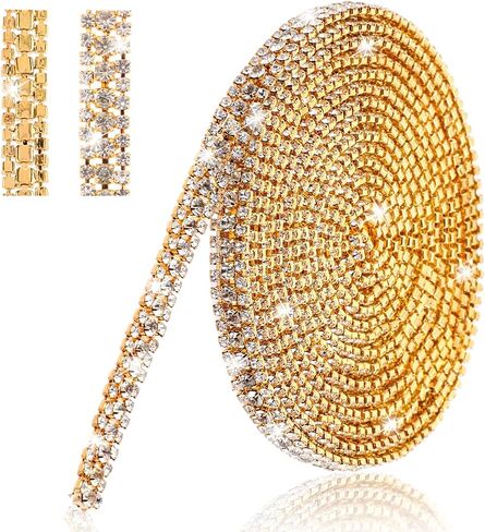 3 Yards 3 Rows Crystal Rhinestone Chain ，Rhinestone Strips Chain Trim for DIY Graduation Cap ，Gold Rhinestone Ribbon Trim for Sewing for Wedding Dress Decorations(Gold) in Saudi Arabia