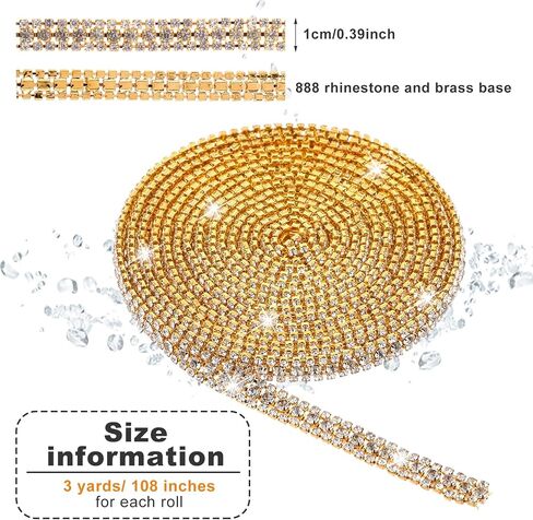 3 Yards 3 Rows Crystal Rhinestone Chain ，Rhinestone Strips Chain Trim for DIY Graduation Cap ，Gold Rhinestone Ribbon Trim for Sewing for Wedding Dress Decorations(Gold) in Saudi Arabia