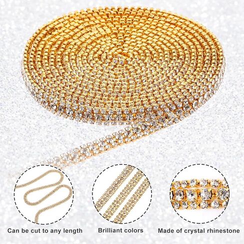 3 Yards 3 Rows Crystal Rhinestone Chain ，Rhinestone Strips Chain Trim for DIY Graduation Cap ，Gold Rhinestone Ribbon Trim for Sewing for Wedding Dress Decorations(Gold) in Saudi Arabia