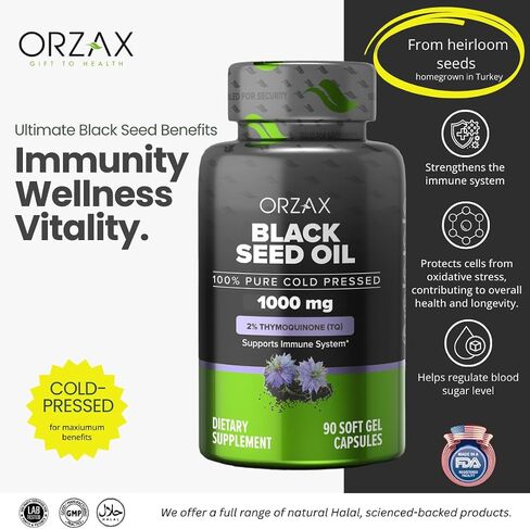 ORZAX Black Seed Oil Capsules, 90 Days Supply, 2% Thymoquinone, Non-GMO, Gluten Free, Cold Pressed Black Cumin Pills, Nigella Sativa in Saudi Arabia