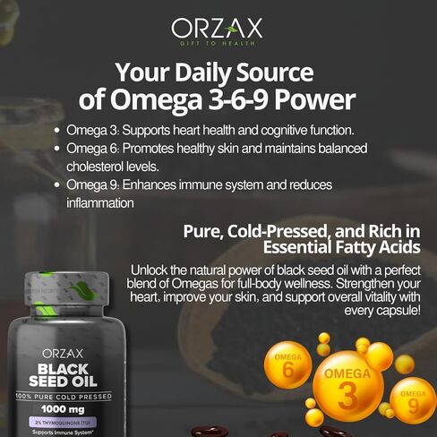 ORZAX Black Seed Oil Capsules, 90 Days Supply, 2% Thymoquinone, Non-GMO, Gluten Free, Cold Pressed Black Cumin Pills, Nigella Sativa in Saudi Arabia