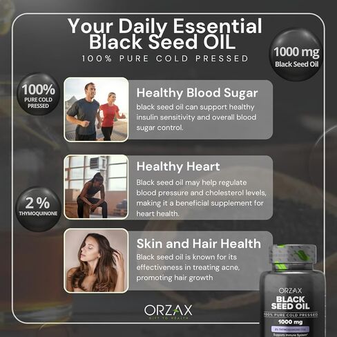 ORZAX Black Seed Oil Capsules, 90 Days Supply, 2% Thymoquinone, Non-GMO, Gluten Free, Cold Pressed Black Cumin Pills, Nigella Sativa in Saudi Arabia