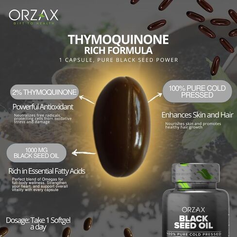 ORZAX Black Seed Oil Capsules, 90 Days Supply, 2% Thymoquinone, Non-GMO, Gluten Free, Cold Pressed Black Cumin Pills, Nigella Sativa in Saudi Arabia