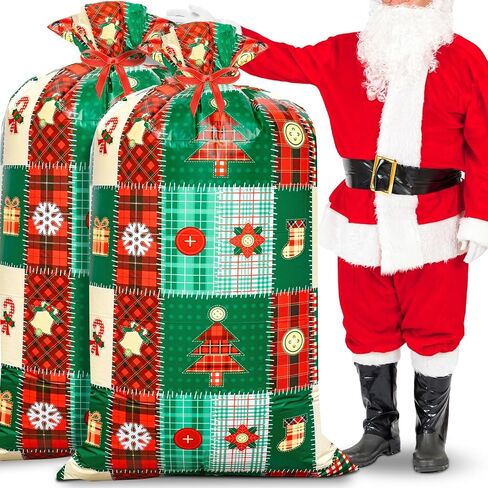 DecorWoo 2 Pcs 70 Inch Christmas Jumbo Gift Bag for Xmas Presents, Over Size Buffalo Plaid Gift Bag For Christma Plastic Giant Gift Bags Wrapping Supplies Bags 70"X40" Large in Kuwait