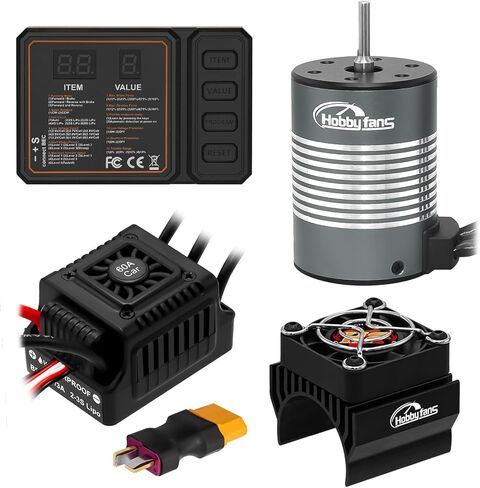 Hobby Fans مقاوم للماء S3650 3900KV محرك بدون فرشاة 3.175 مم عمود مع 60 أمبير بدون فرشاة ESC مجموعة وحدة تحكم السرعة الكهربائية مع غرفة تبريد وبطاقة برمجة لشاحنة سيارة RC 1/10، أسود in Kuwait