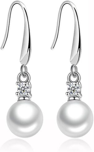 925 Sterling Silver 8mm White Pearl Dangle Earrings Vintage Authentic Hook Earrings in Saudi Arabia