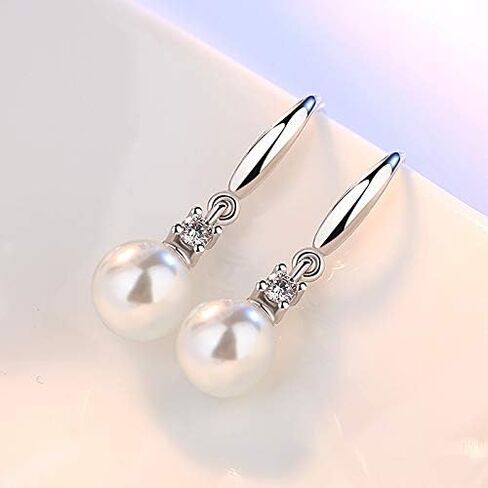 925 Sterling Silver 8mm White Pearl Dangle Earrings Vintage Authentic Hook Earrings in Saudi Arabia