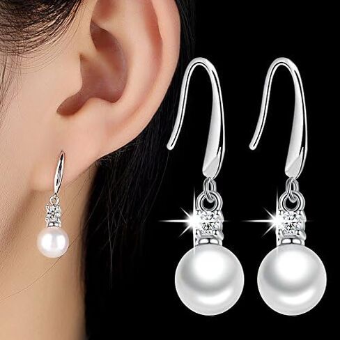 925 Sterling Silver 8mm White Pearl Dangle Earrings Vintage Authentic Hook Earrings in Saudi Arabia